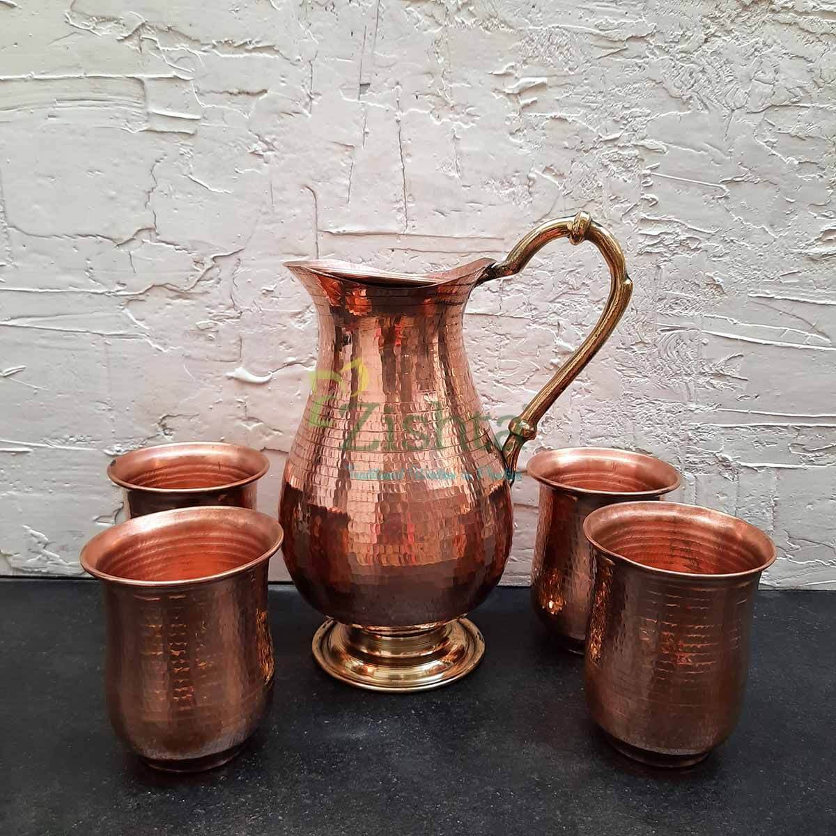 Copper Water Curved Jug With 4 Glasses-Zishta Traditional Cookware