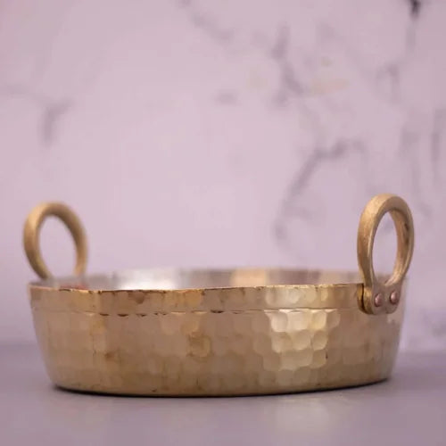 Brass Cooking Pan-Jalebi Pan with handles on a light purple background-Zishta Traditional Cookware