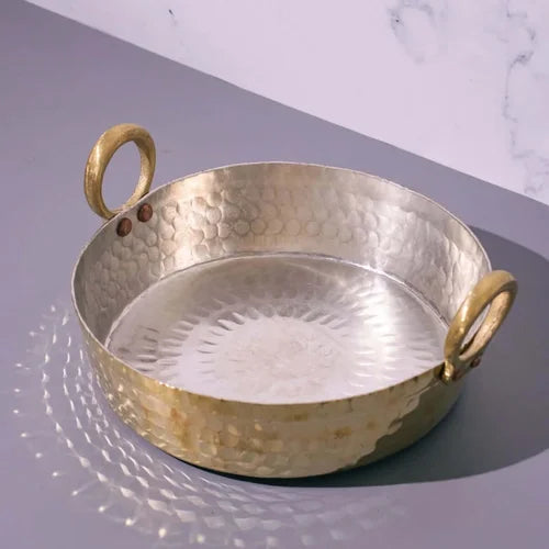 Brass Cooking Pan-Jalebi Pan with handles on a gray surface-Zishta Traditional Cookware