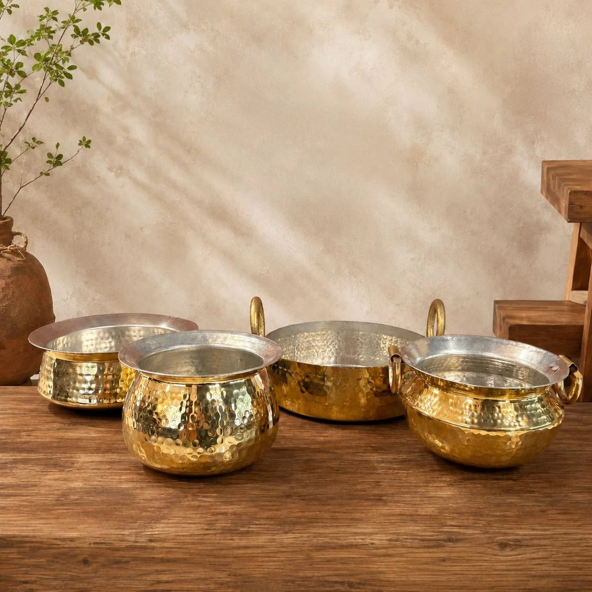 Annapurna Brass Cookware Combo-Set of Four Brass Cookware. Front View. ZIshta Traditional Cookware
