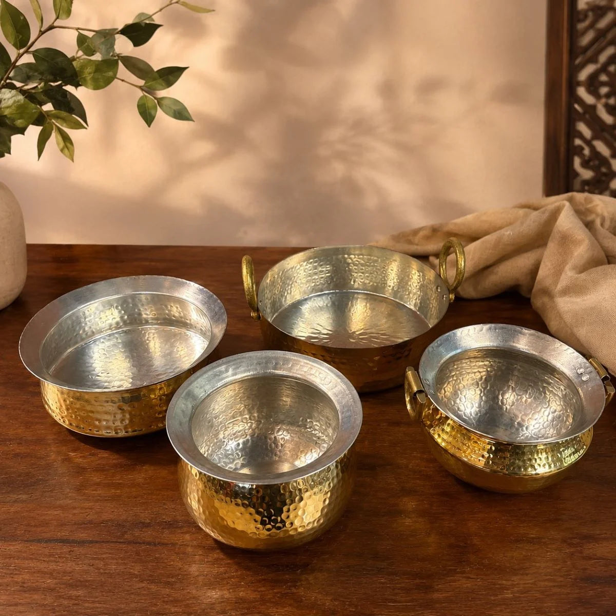 Annapurna Brass Cookware Combo-Set of Four Brass Cookware. Top View. ZIshta Traditional Cookware