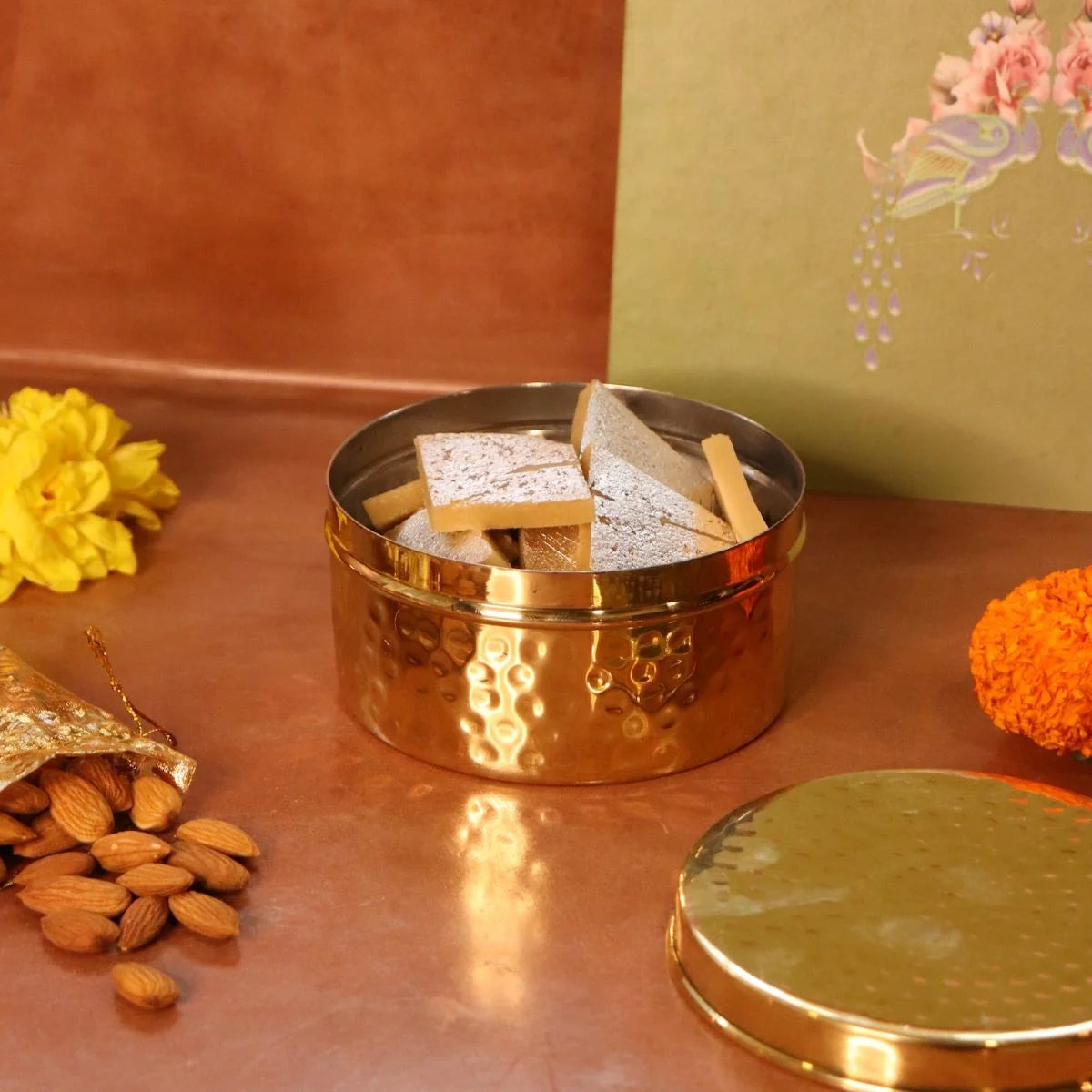 Brass Hammered Dabba-Zishta Prarambha Wedding Gifts