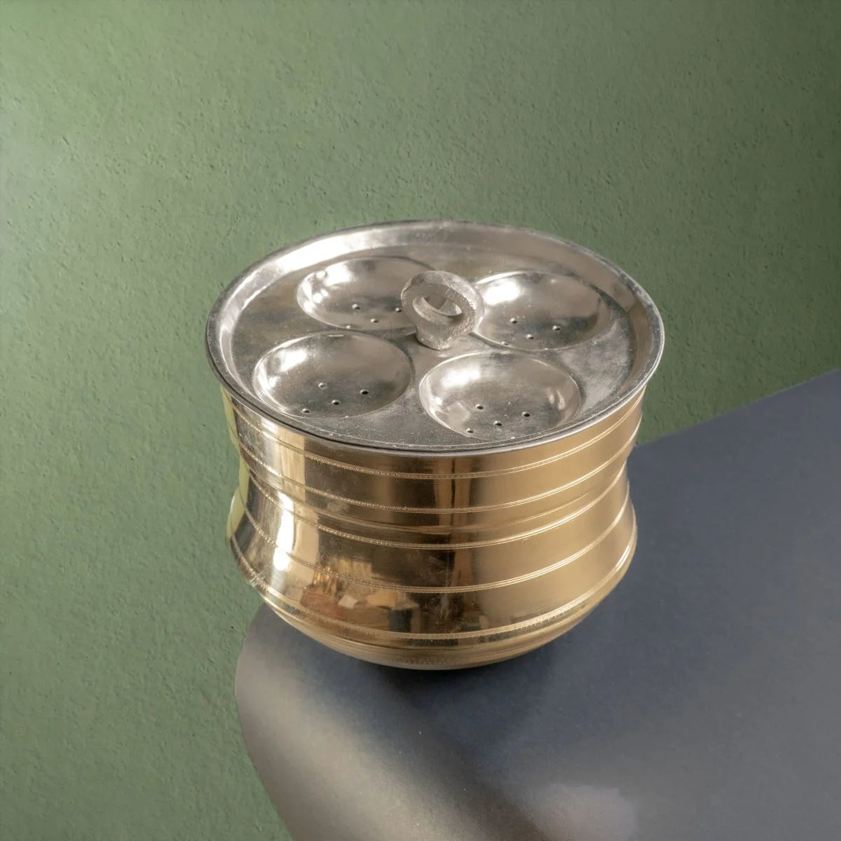 Brass Idli Maker Steamer with Idli Plates Top Side View-Zishta Traditional Cookware