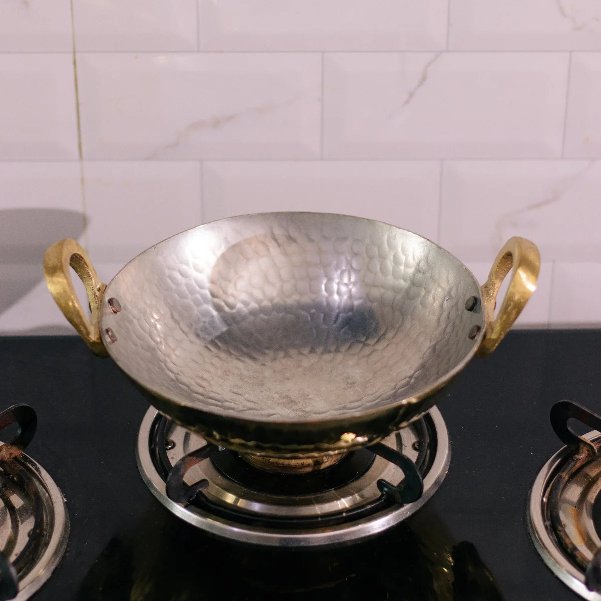 Small Brass Kadai without Lid on Gas Stove-Zishta Traditional Cookware