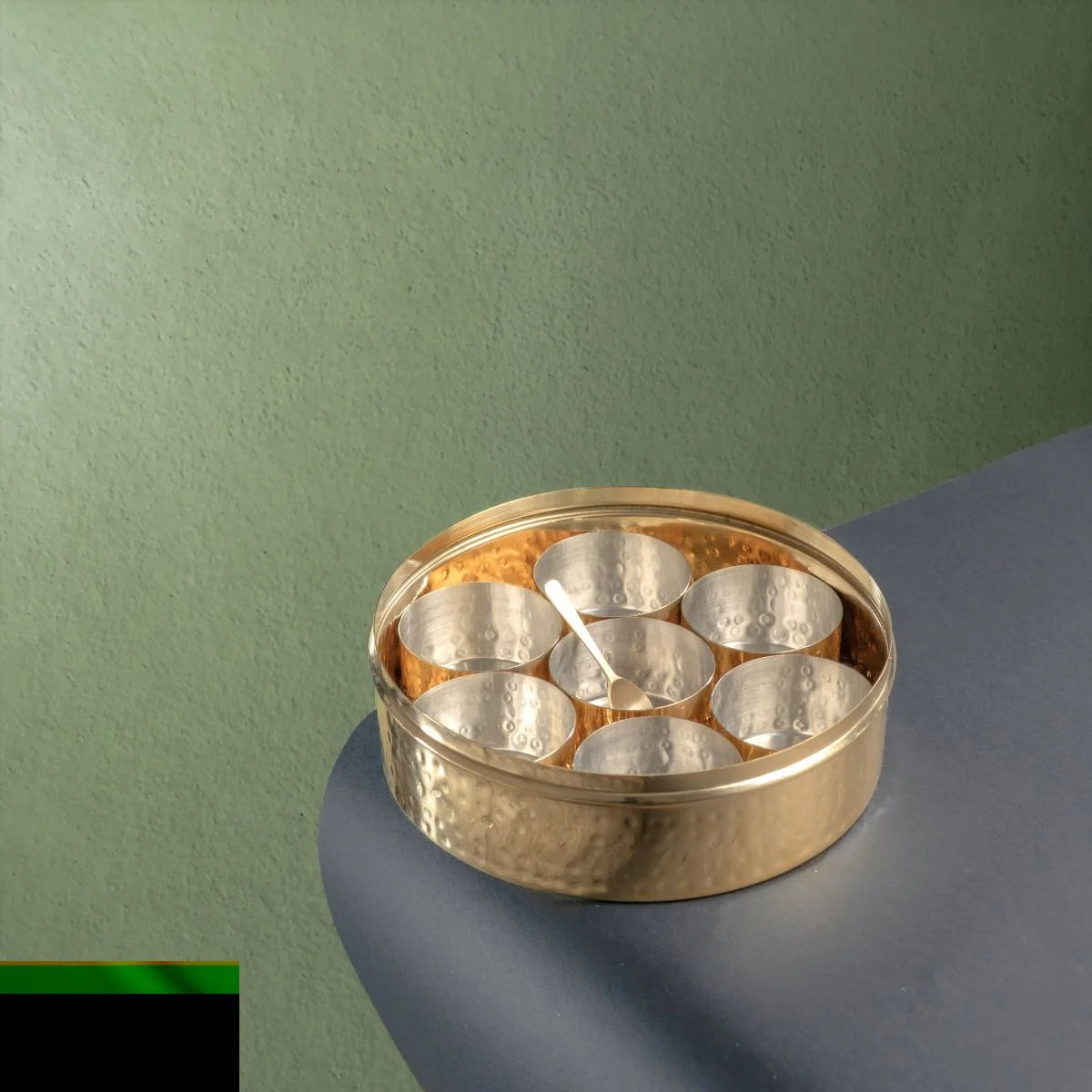 Brass Masala Dabba-Spice Box with Tin Coating Storage Cups Inside View-Zishta Traditional Kitchen Food Storage Containers