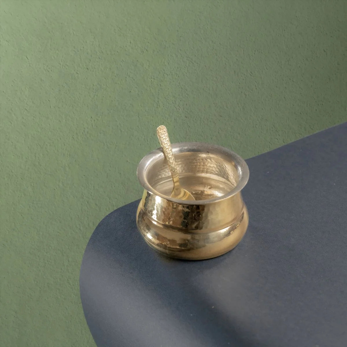 Brass Shakuntala Ghee Pot with Spoon Top View-Zishta Traditional Food Storage Container