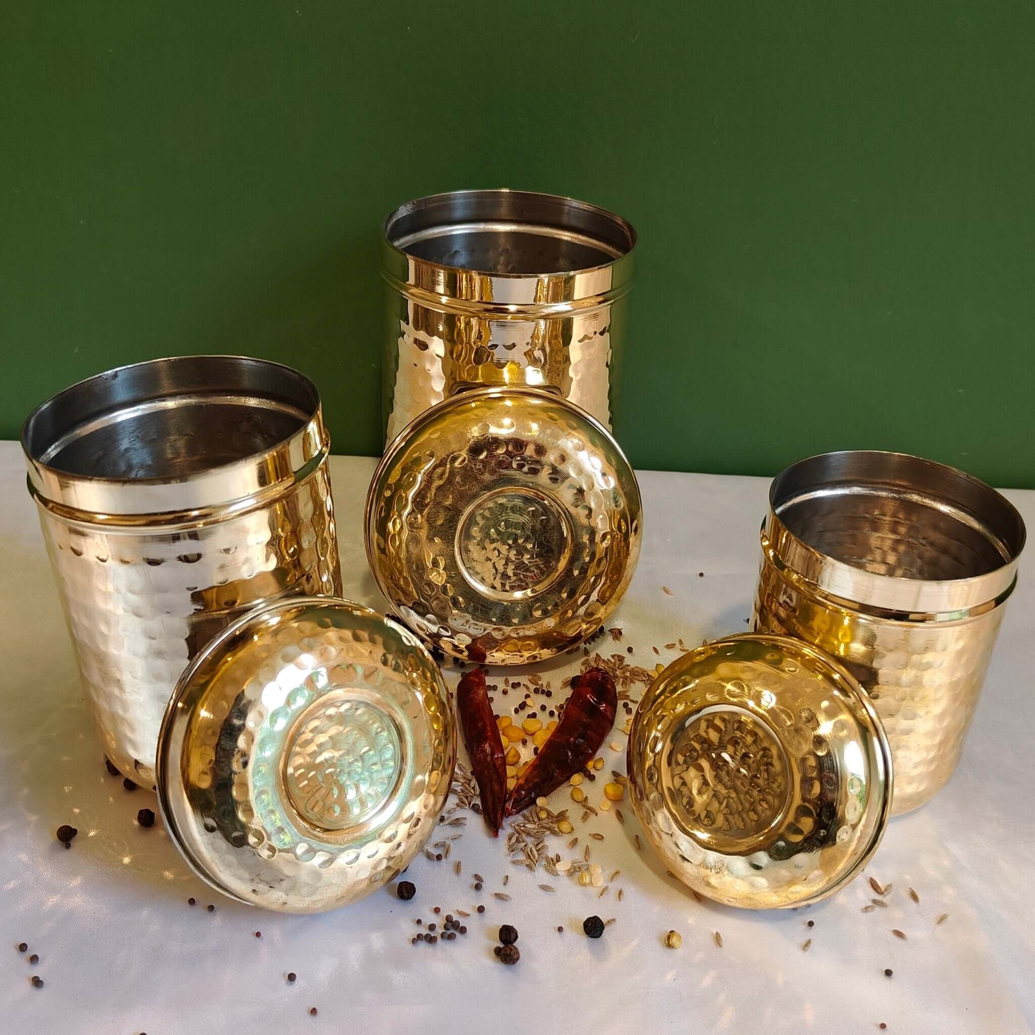 Brass Storage Canister Hammered - Combo Set of 3-Zishta Traditional Storage Containers