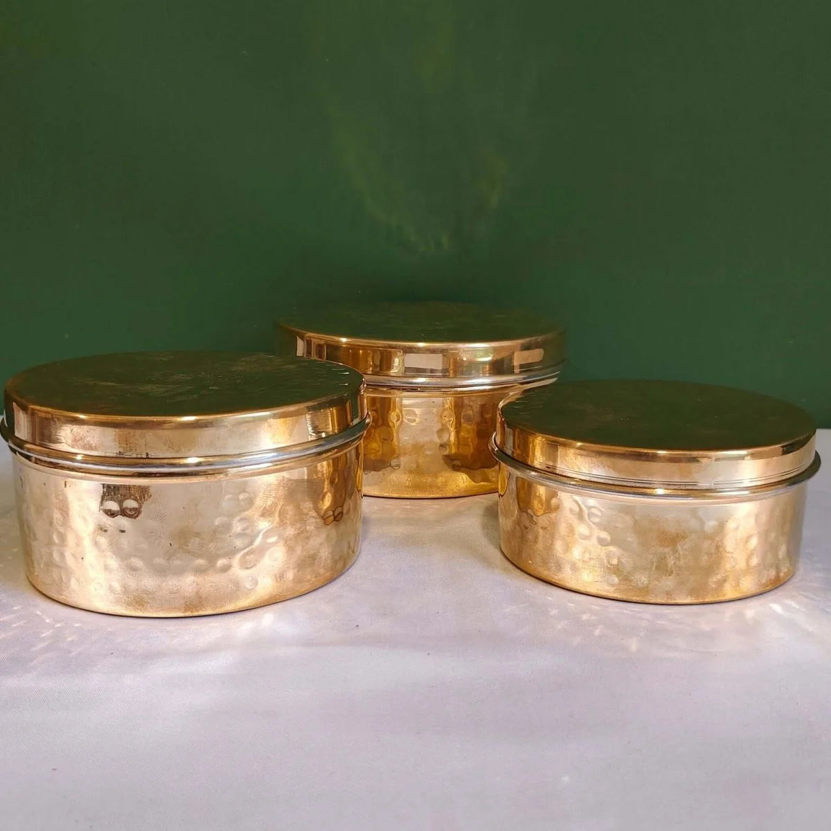 Three Brass Storage Dabba Hammered Containers-Zishta Food Storage Containers