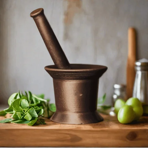 Cast Iron mortar and pestle on a wooden surface with green herbs and vegetables-Zishta Traditional Kitchen Accessories