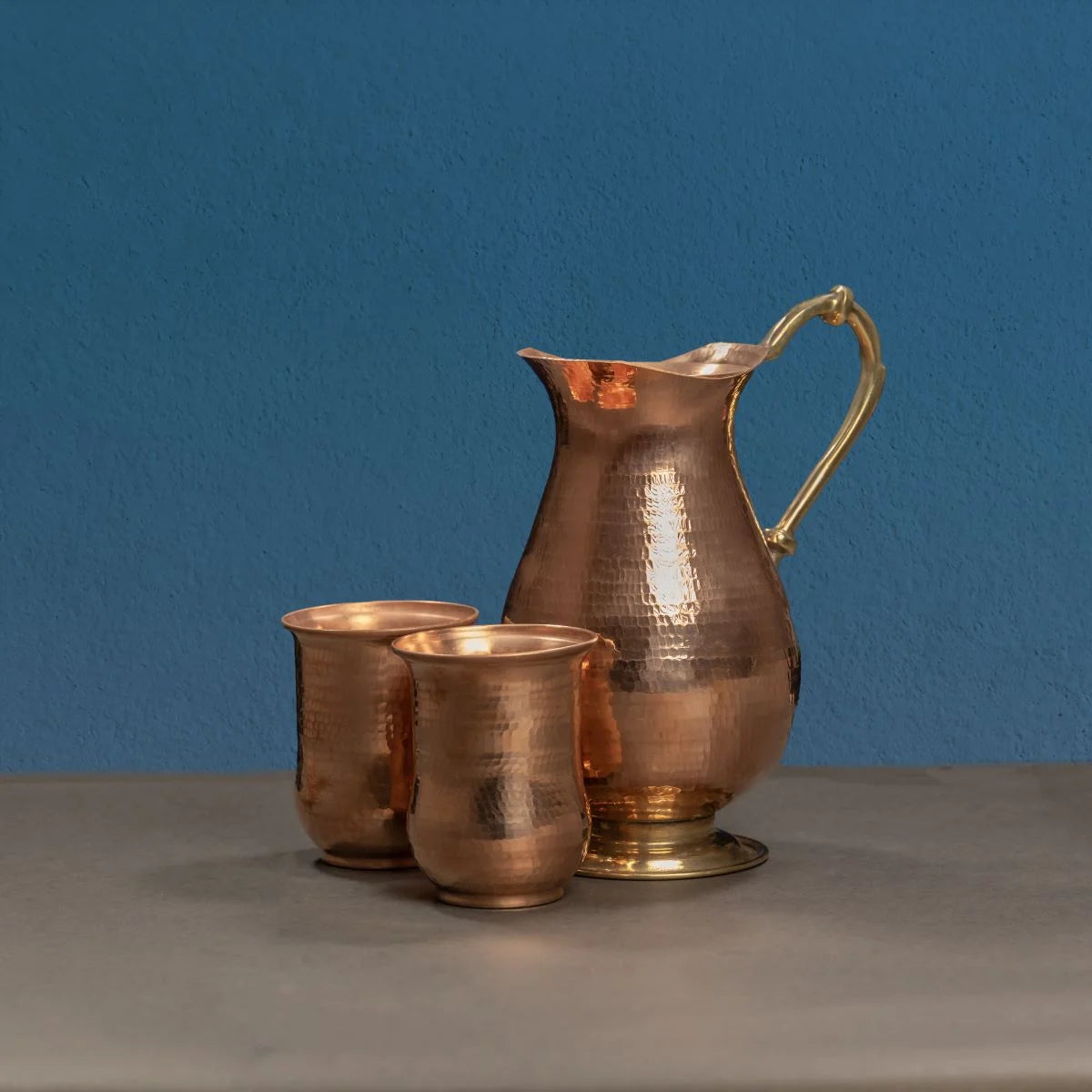 Copper Curved Water Jug and Glasses-Zishta Traditional Serveware