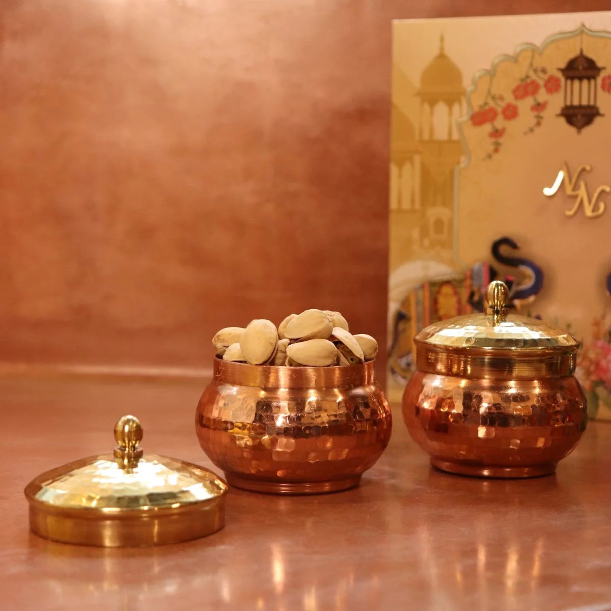 Copper Mukhwas Dabba with nuts stored-Zishta Traditional Kitchen Food Storage Containers