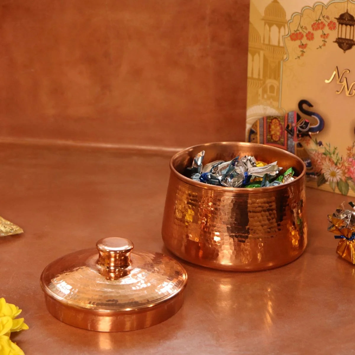 Copper Storage Container with chocolates stored-Zishta Traditional Food Storage Containers