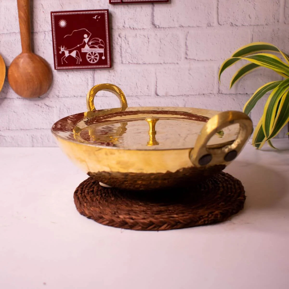 Handcrafted Brass Kadai with Lid-Zishta Traditional Cookware