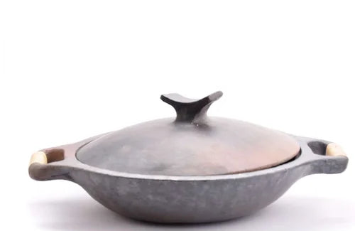 Manipur Longpi Black Pottery Kadai with a lid on a white background-Zishta Traditional Cookware