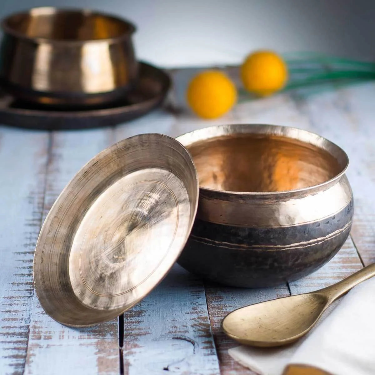 Kansa Bronze Large Serving Bowl with Lid and Ladle-Zishta Traditional Serveware