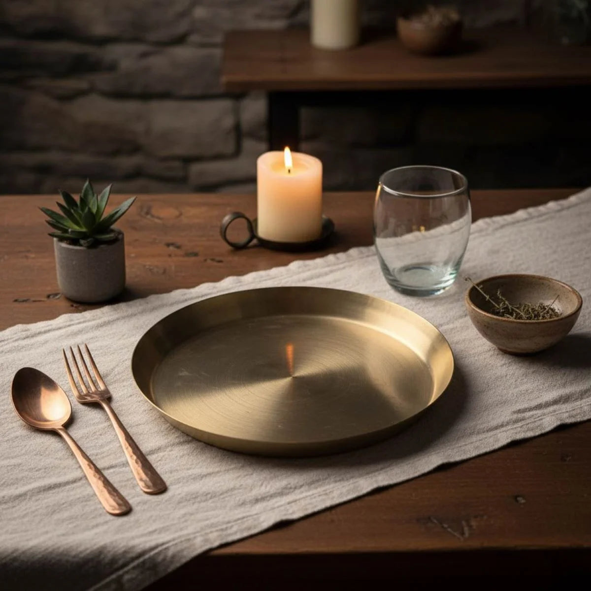 Kansa Thali Matt Finish Bronze Plate on a table-Zishta Traditional Dinnerware