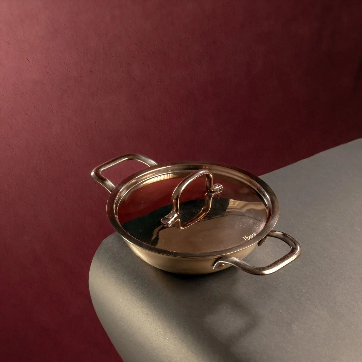 Kansa Tulsi Kadai with Heat Resistant Handles and Lid-Zishta Traditional Bronze Cookware