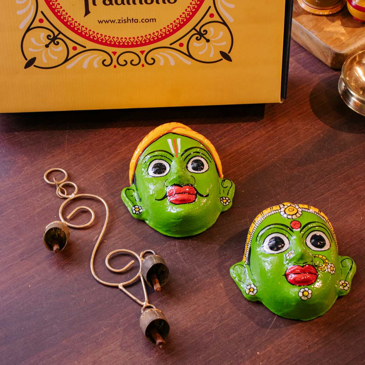 Nakashi Wall Mask-Copper Wind Chime Set-1-Diwali Gifts-Zishta Home Decor