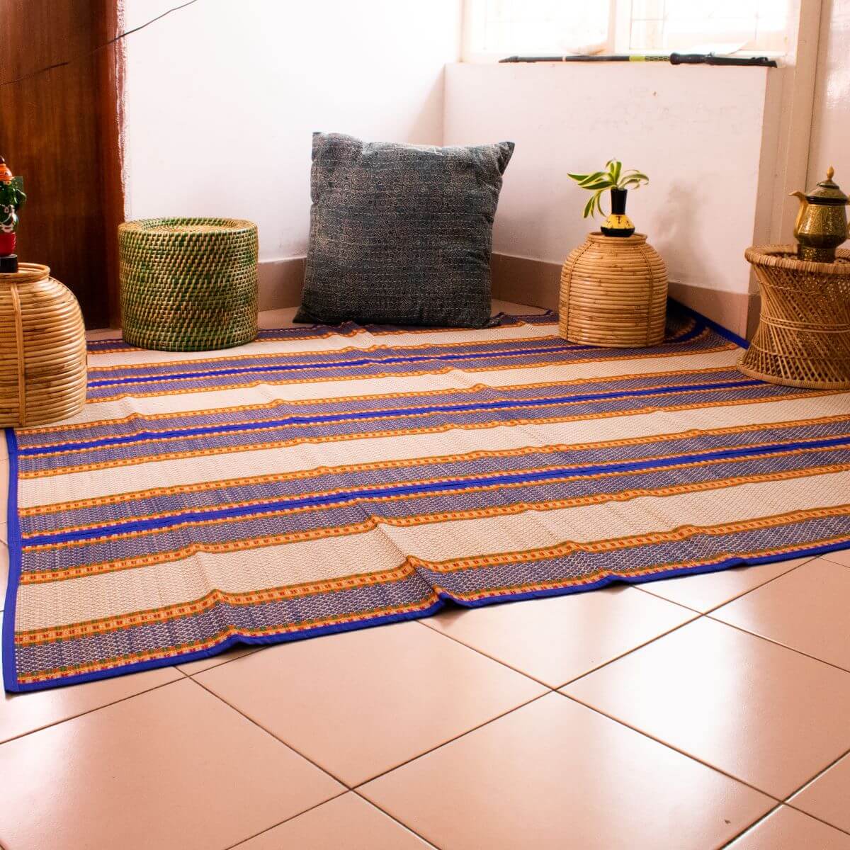 Madurkathi Mat Large Blue 4 Fold-Zishta Home Decor