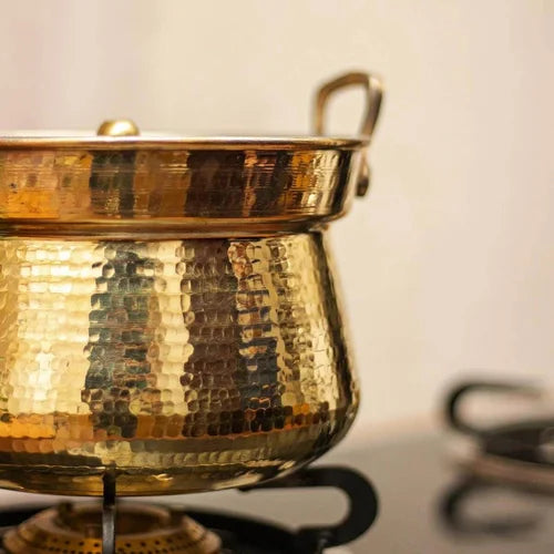 Close up of Shakuntala Patra Brass Cooking Pot-Zishta Traditional Cookware