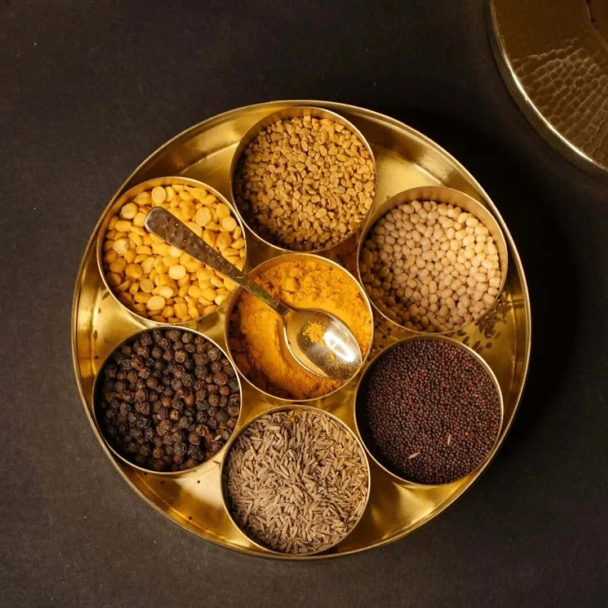 Traditional Brass Spice Box-Anjaraipetti with Spices-Zishta Kitchen Food Storage Containers