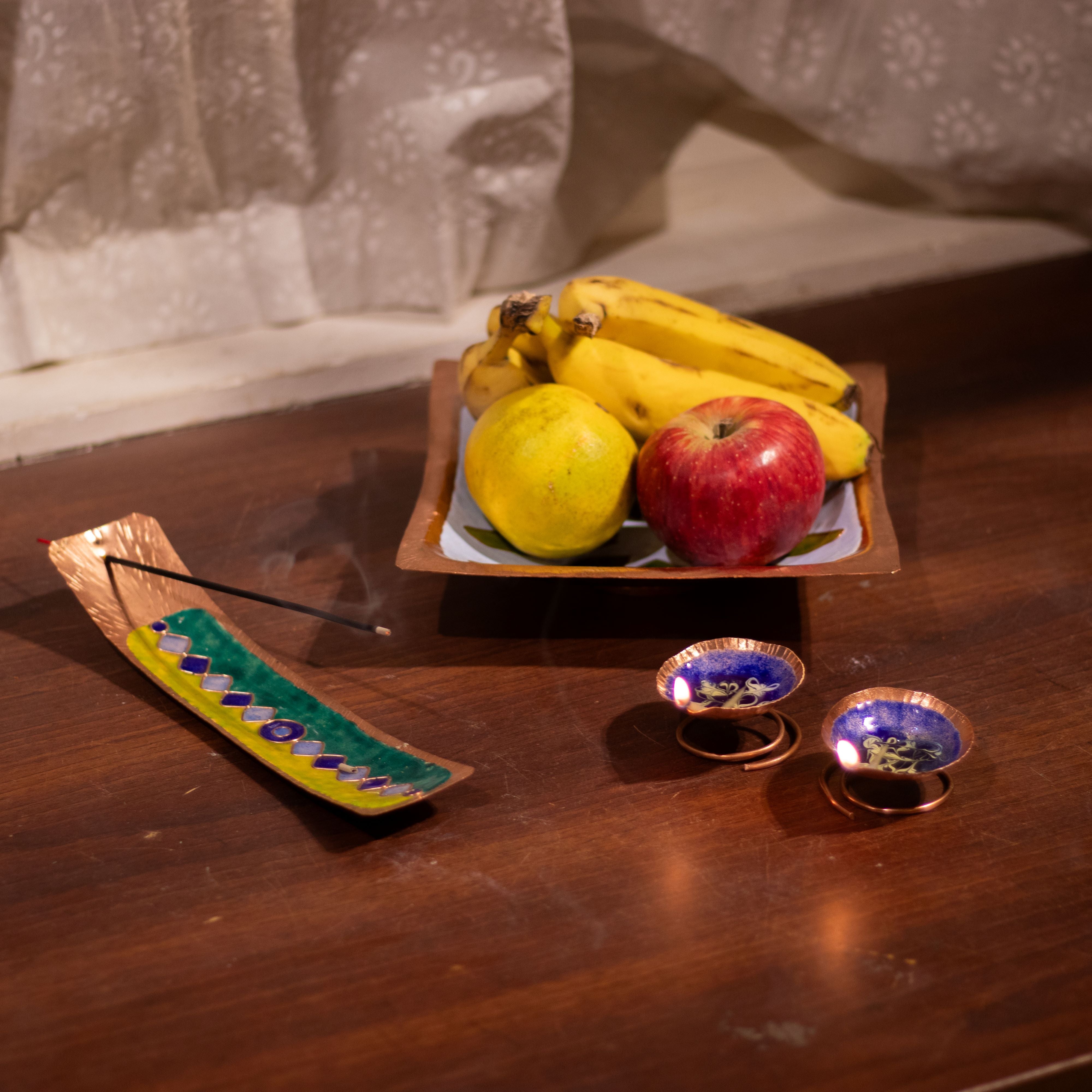 Copper Enamel Fruit Bowl-Incense Stick Holder-Spring Diya Combo-Mahotsav Deals-2-Zishta Traditional Home Decor