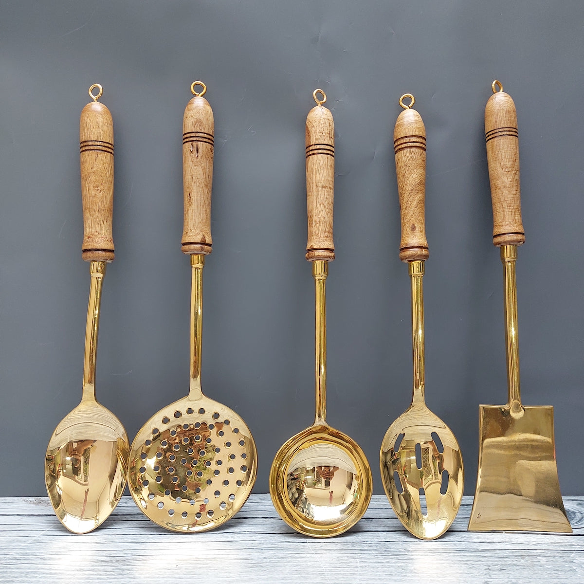 Antique French Cooking Utensils Brass Set of 5 With Wooden Handles