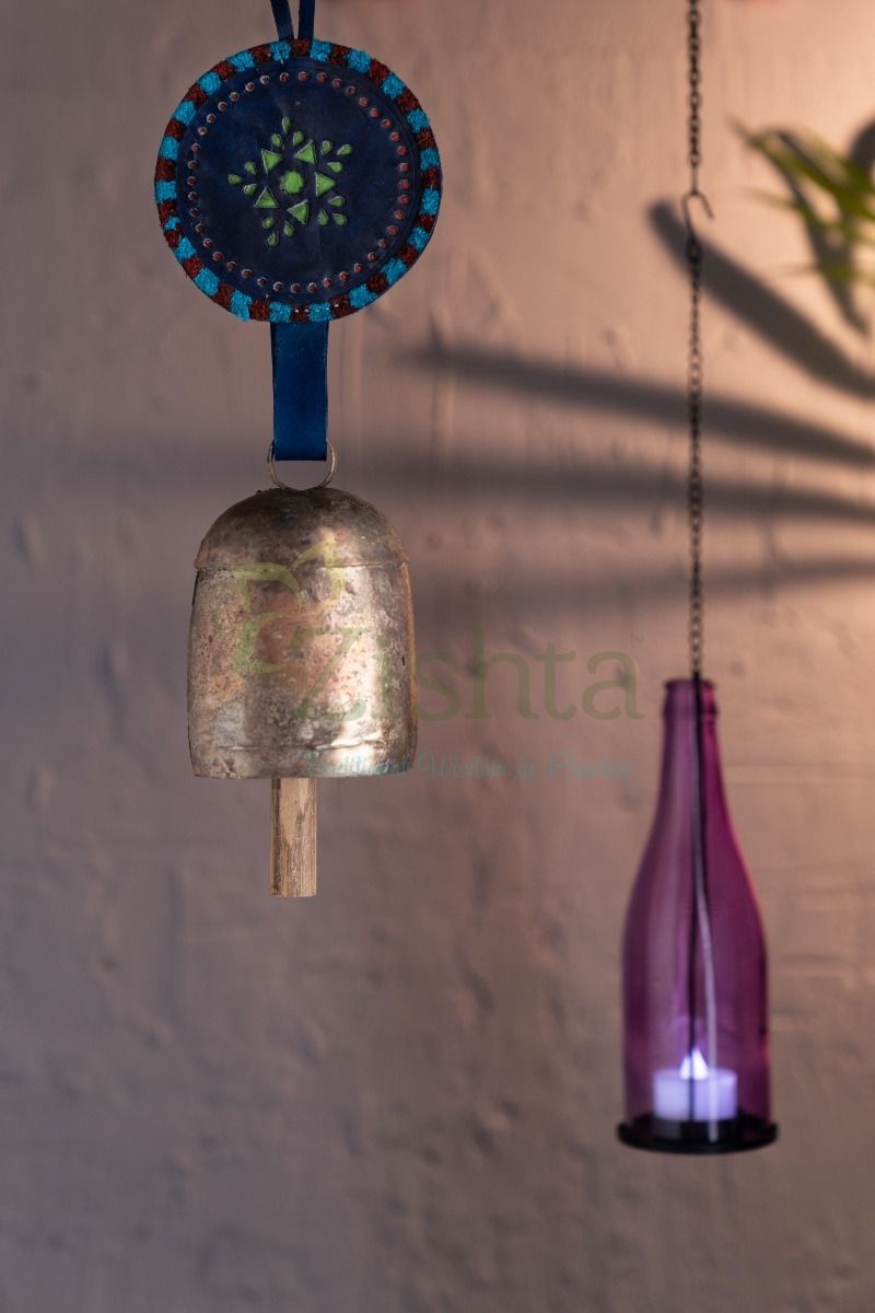 Copper Coated Iron Chimes Bell With Leather Blue 1-Zishta Traditional Cookware