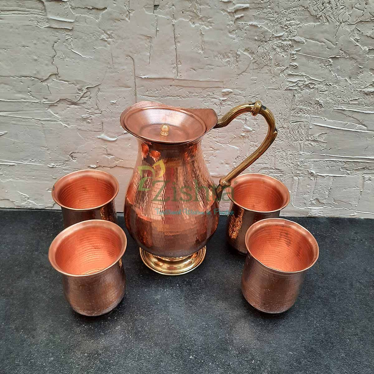 Copper Water Curved Jug With 4 Glasses 2-Zishta Traditional Cookware