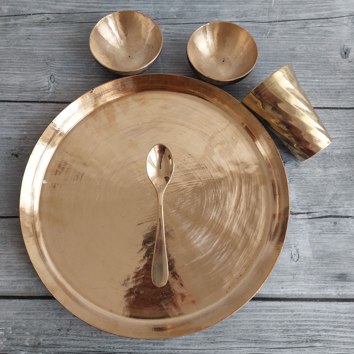 Kansa - Bronze Dinner Plate Set (Thali set: Plate, 2 katori, tumbler, 1 Spoon)