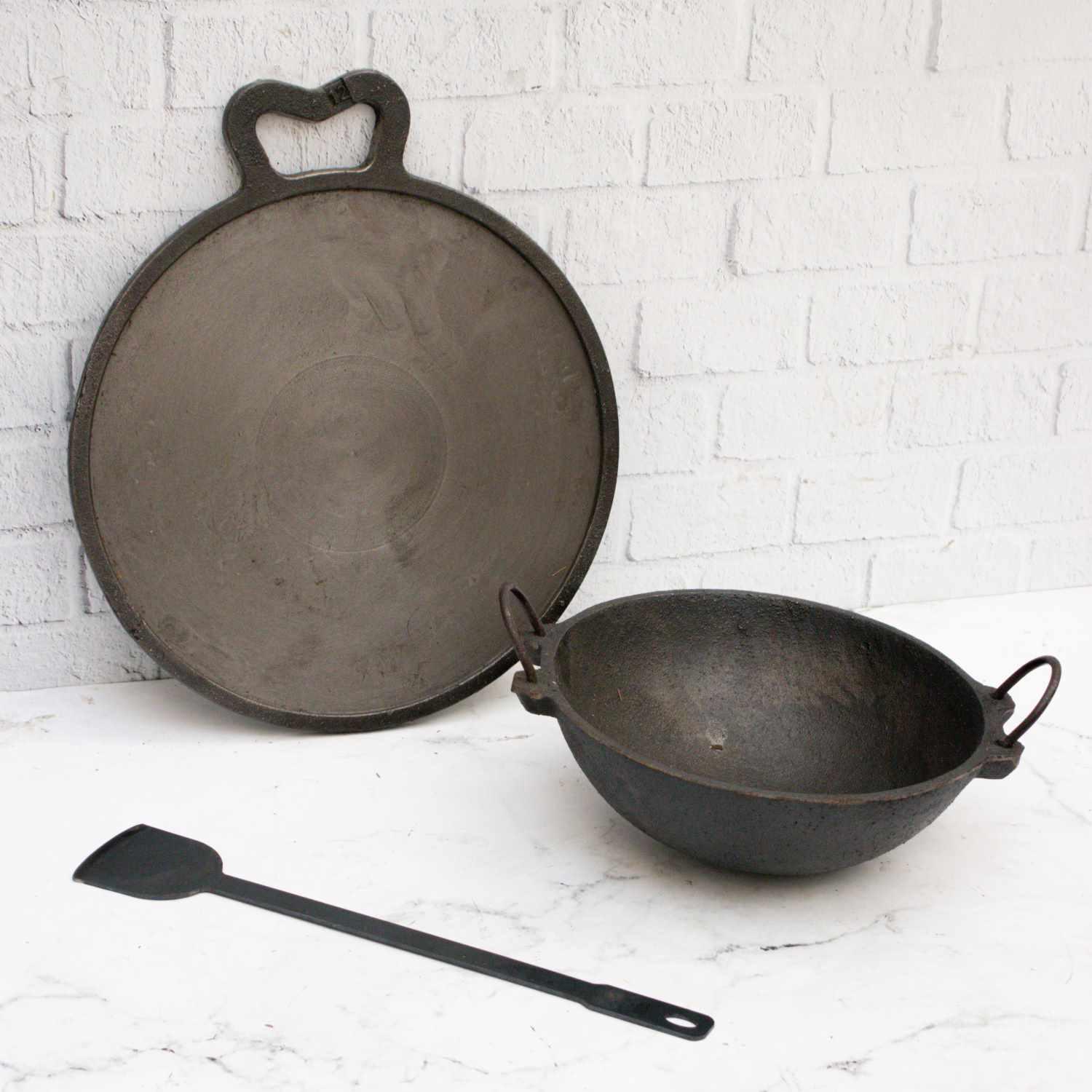 Cast Iron Kadai-Smooth Tawa-Dosa Ladle-Combo-1-Zishta Traditional Cookware