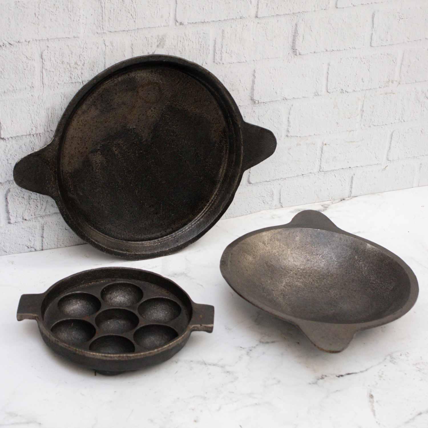 Cast Iron Kuzhi Paniyaram Pan-Appachatti-Raised Edge Pan Combo-1-Zishta Traditional Cookware