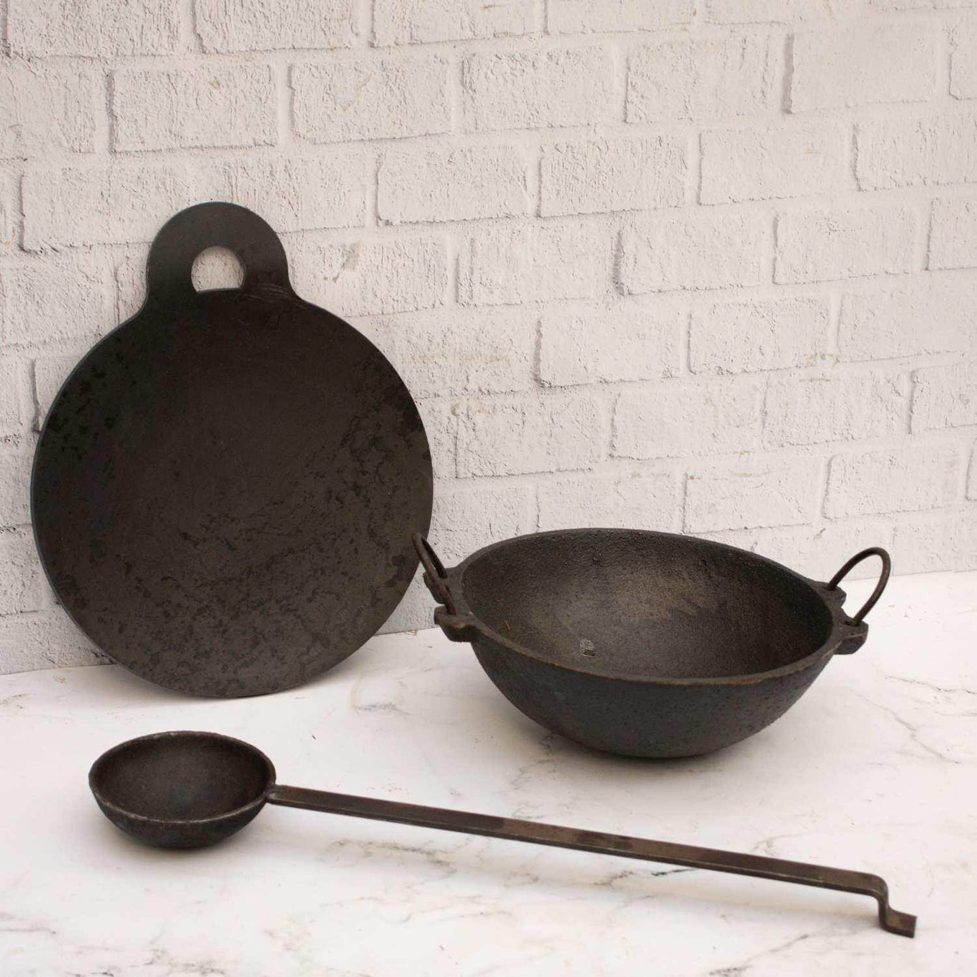 Cast Iron Kadai, Iron Tawa, Tadka ladle Combo Buy Online Zishta