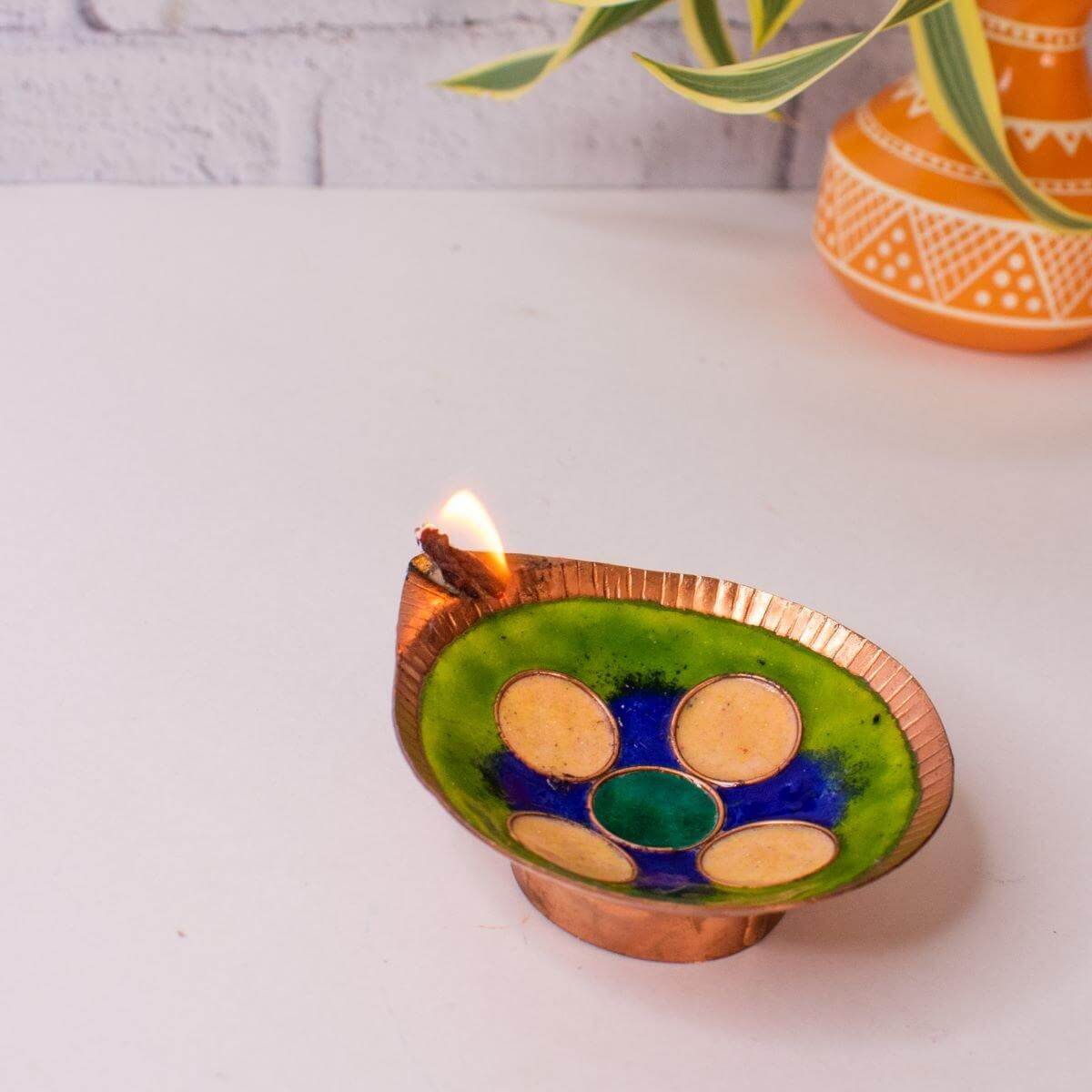 Copper Enamel Diya-Lamp-2-Navratri Gift-Zishta Traditional Home Decor