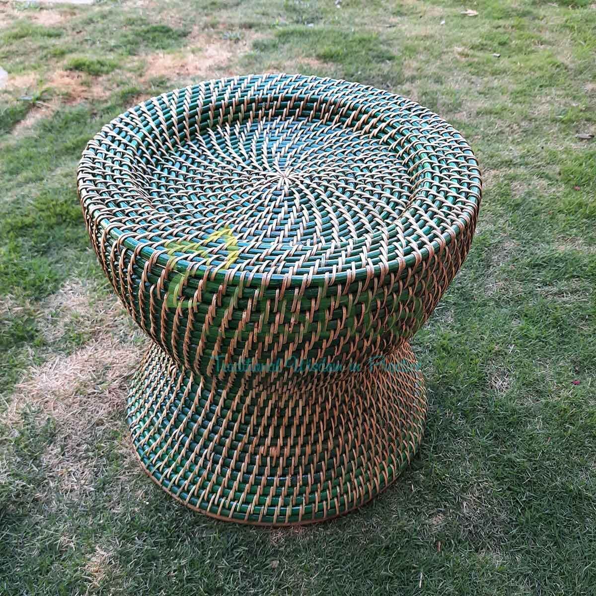 Seating Stool Morah-Curved Shape-Green-Assam Cane Furniture-Zishta Home Decor