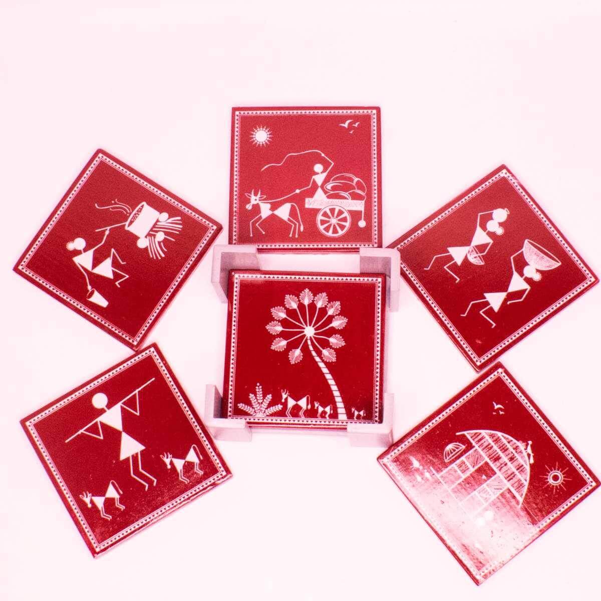 Wooden Coaster Setof6-Worli Art-Maroon-2-Navratri Gift-Zishta Traditional Home Decor