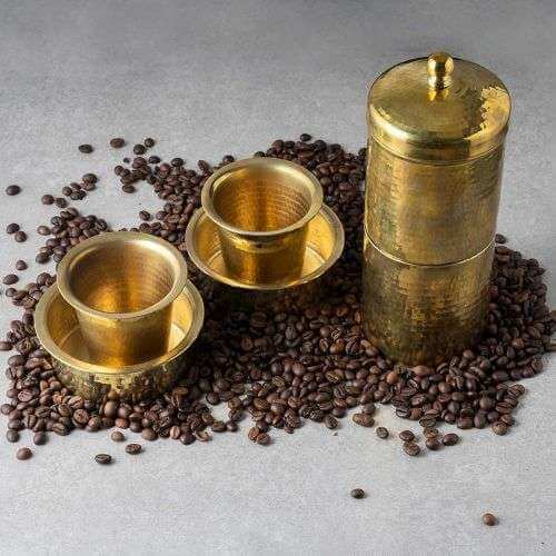 Brass Coffee Filter Medium & Davara Tumbler Combo - Zishta Traditional Serveware