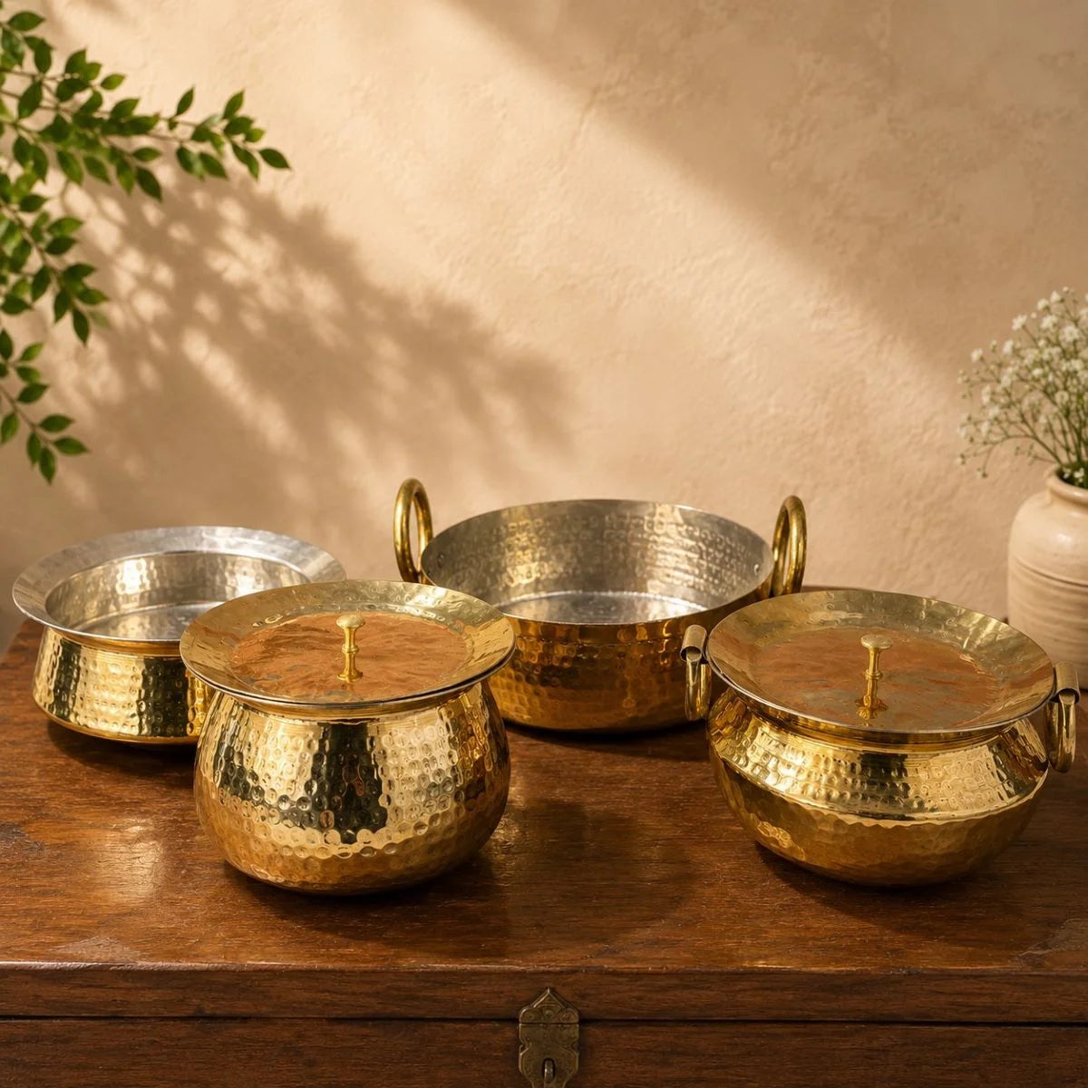 Annapurna Brass Cookware Combo-Set of Four Brass Cookware with Lids. ZIshta Traditional Cookware