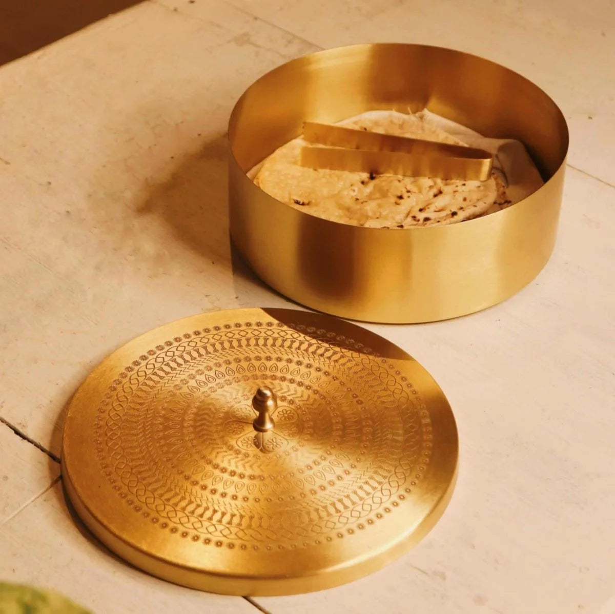 Brass Roti Box with Tong and Mandala Art Design Lid-Zishta Food Storage Containers