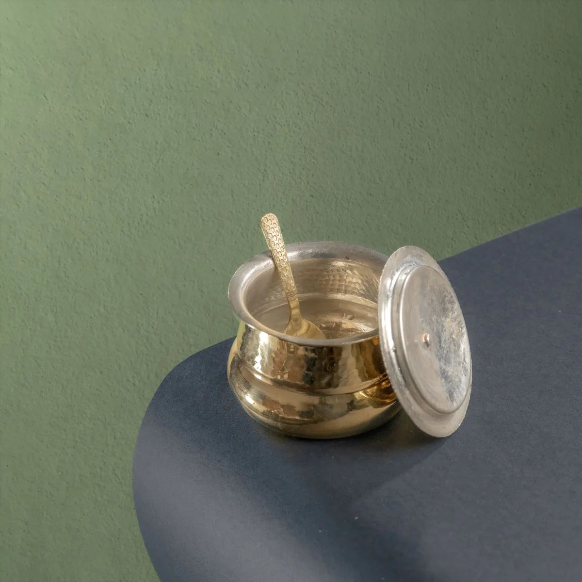 Brass Shakuntala Ghee Pot with Spoon and Lid-Zishta Traditional Food Storage Container