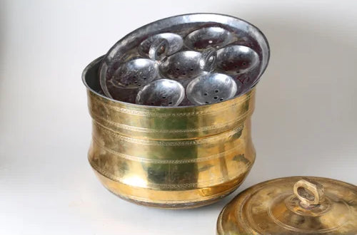 Brass Idli Vessel with idli plates and  lid on a white background-Zishta Traditional Cookware