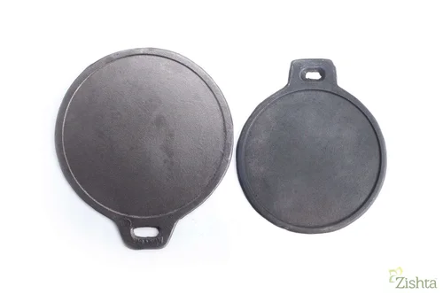 Two round, black cast iron Tawas on a white background-Zishta Traditional Cookware