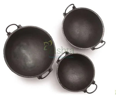 Set of three black cast iron kadais on a white background-Zishta Traditional Cookware