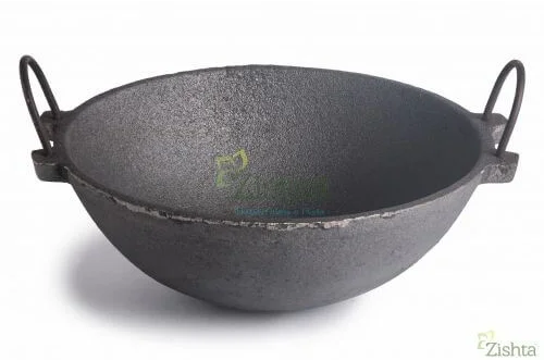 Cast iron Kadai with handles on a white background-Zishta Traditional Cookware