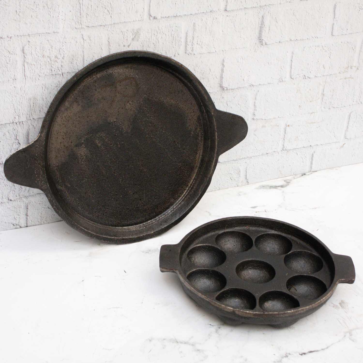 Cast Iron Kuzhipaniyaram Pan-Raised Edge Pan-Combo-1-Zishta Traditional Cookware