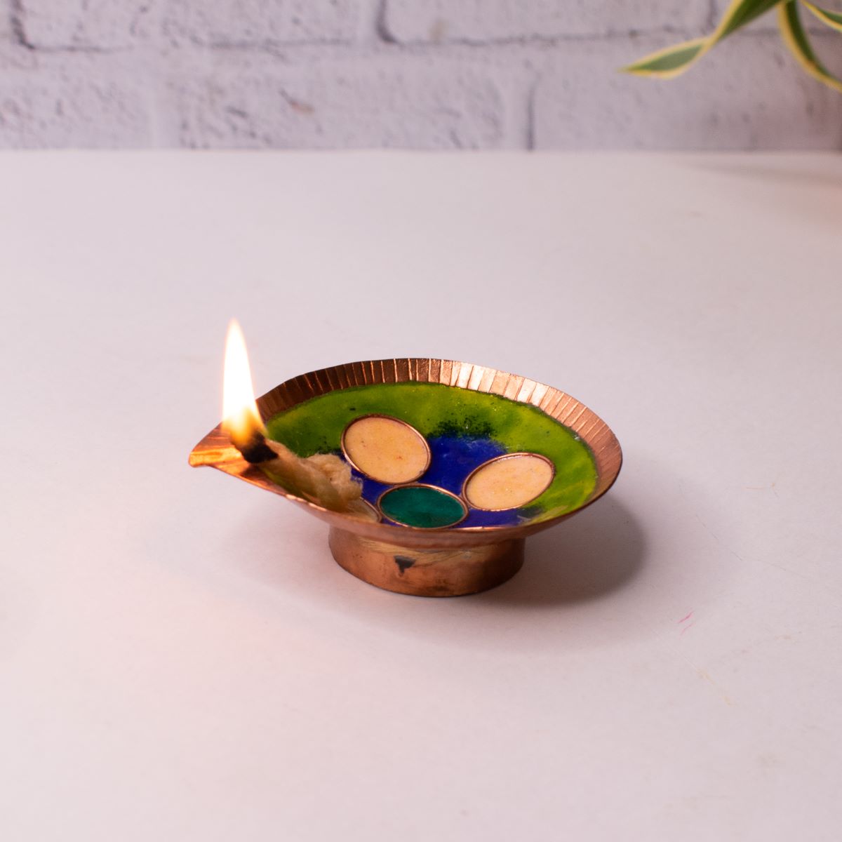 Copper Enamel Diya-Lamp-1-Navratri Gift-Zishta Traditional Home Decor