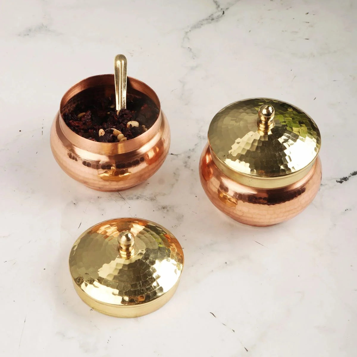 Two Copper Mukhwas Dabbas with beetlenut stored in one-Zishta Traditional Kitchen Food Storage Containers
