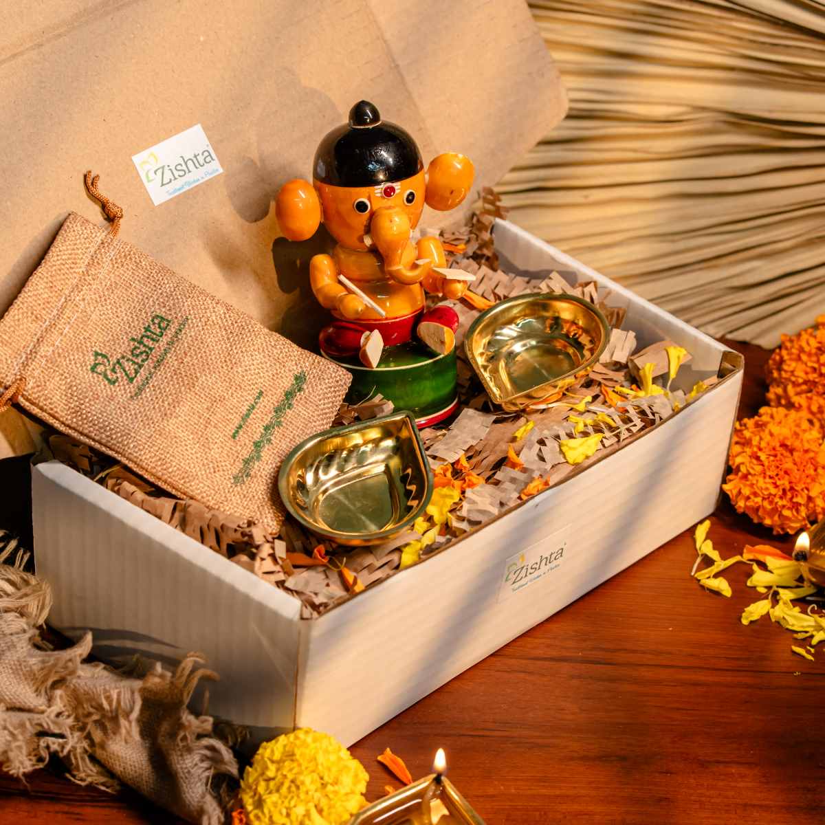 Diwali Wooden Ganesha And Diya Set-1-Zishta Diwali Gifting