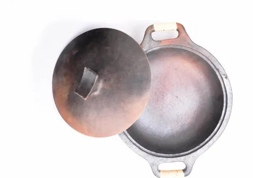 Manipur Longpi Black Pottery Kadai with lid on a white background-Zishta Traditional Cookware