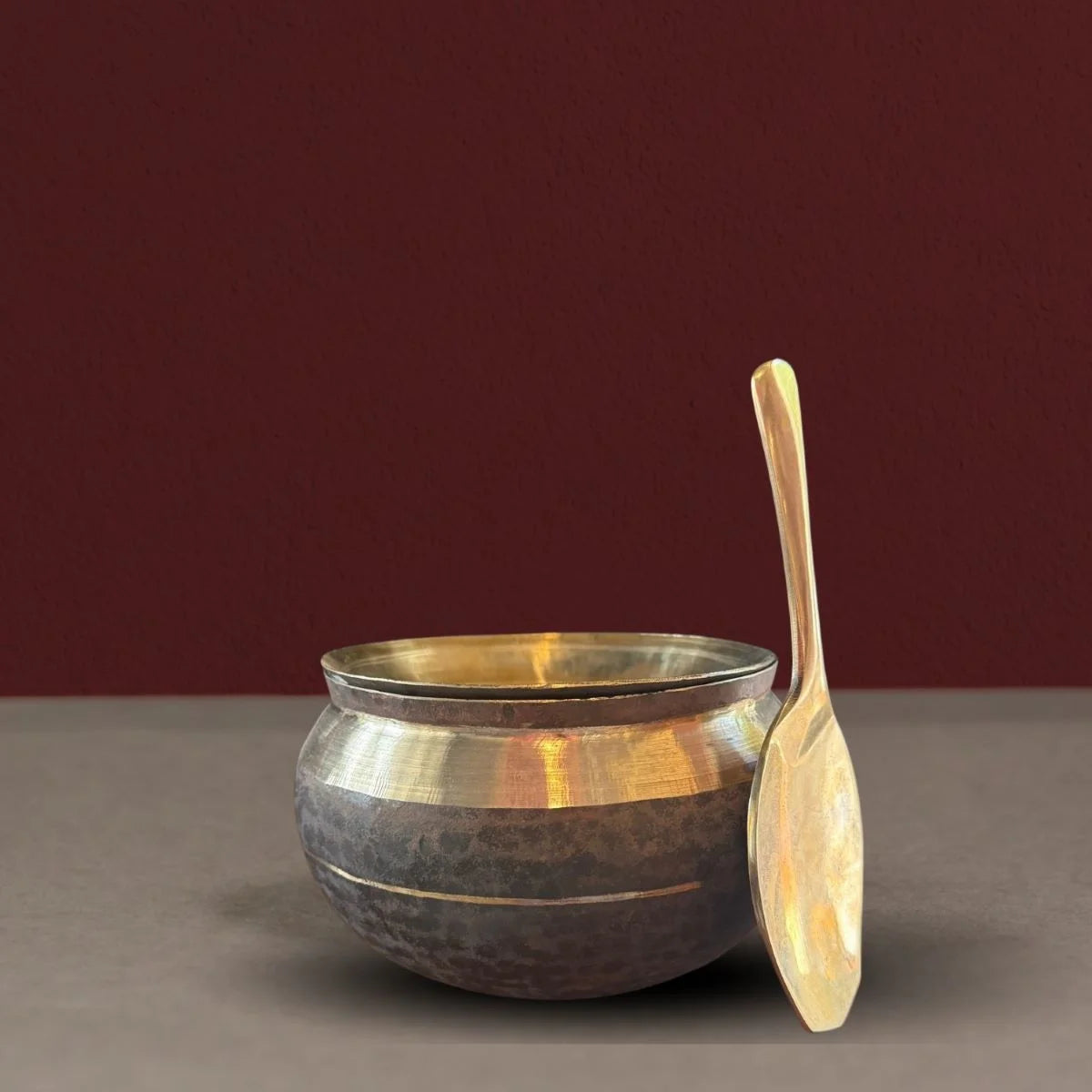 Kansa Serving Bowl with Lid and Ladle Side View-Zishta Traditional Bronze Serveware